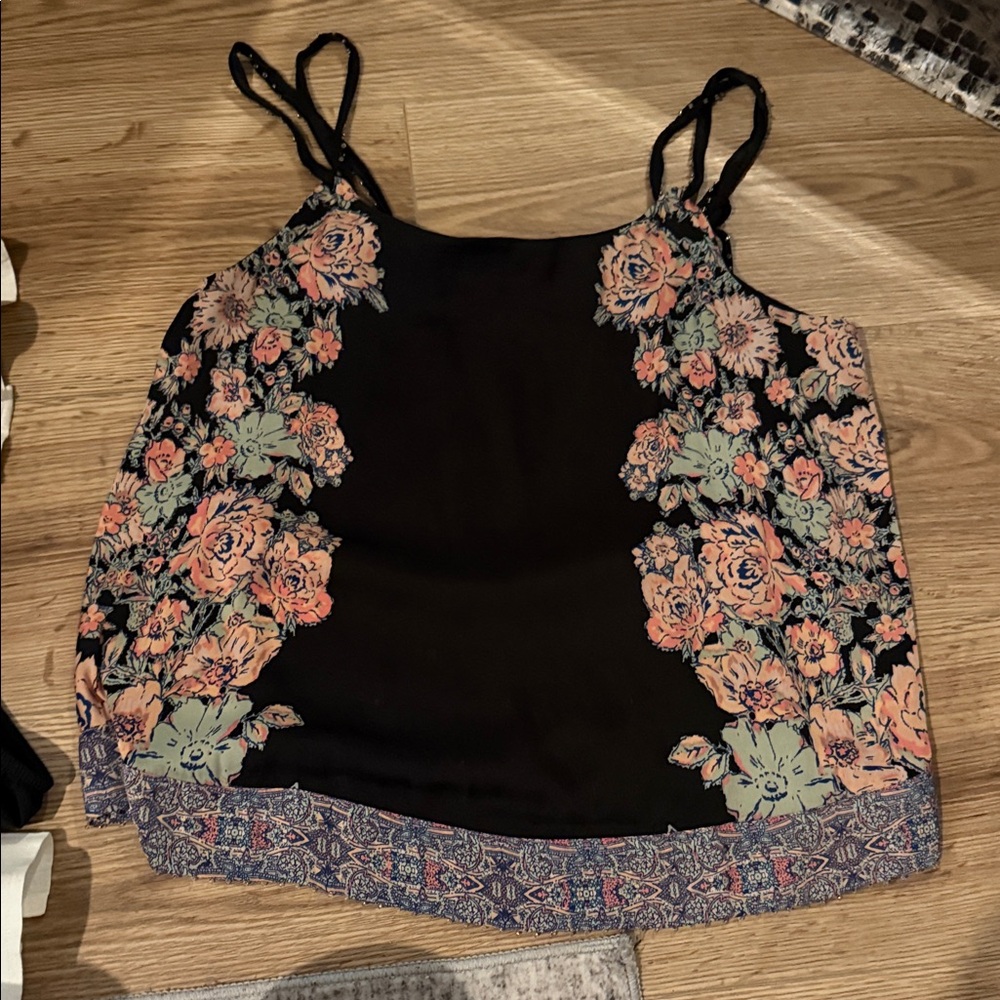 Floral Black Camisole with Pink and Green Accents